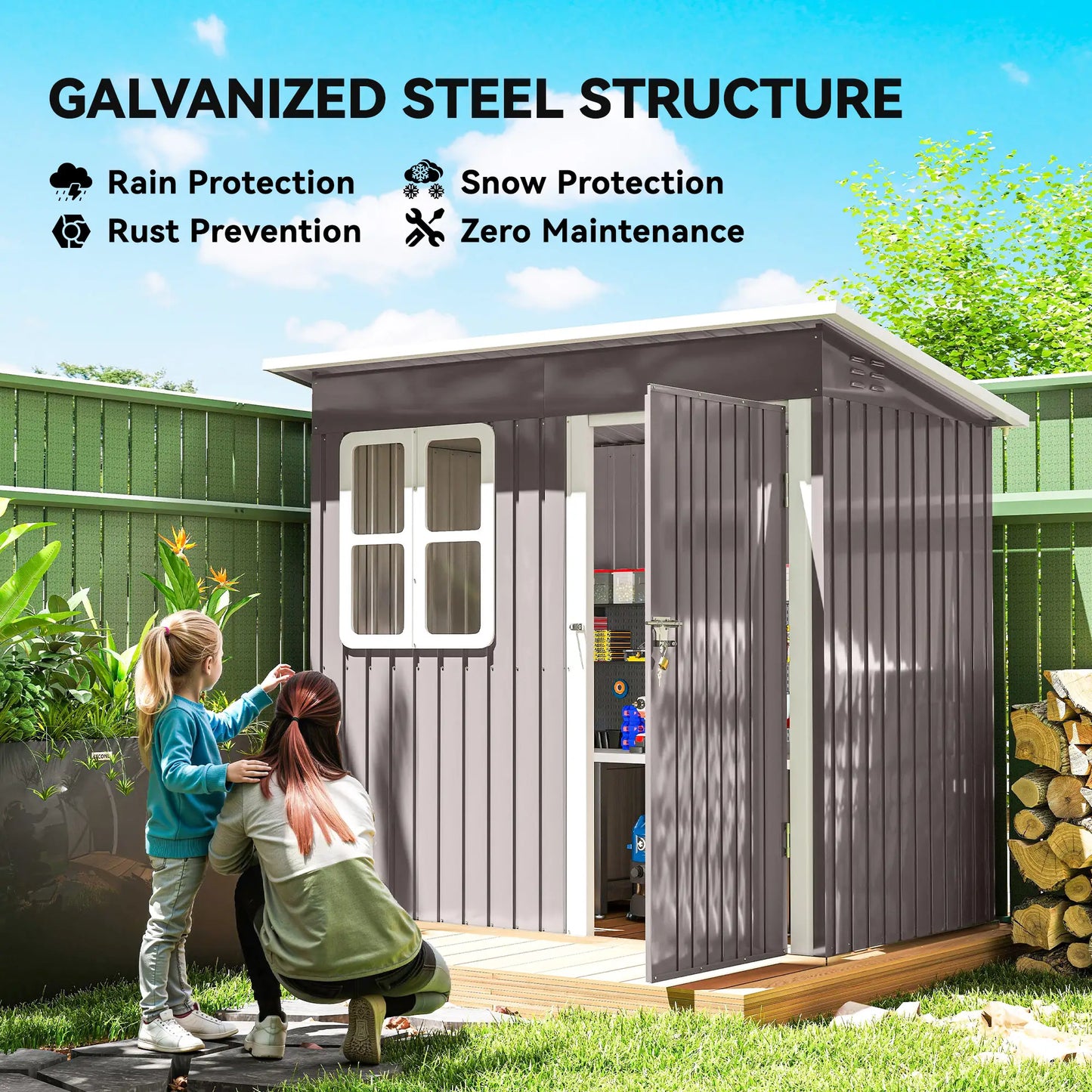 7' x 4' Galvanised Steel Outdoor Storage Shed, Garden Shed With Window, Lockable Door, Air Vents, Warm Grey Sheds at Gallery Canada