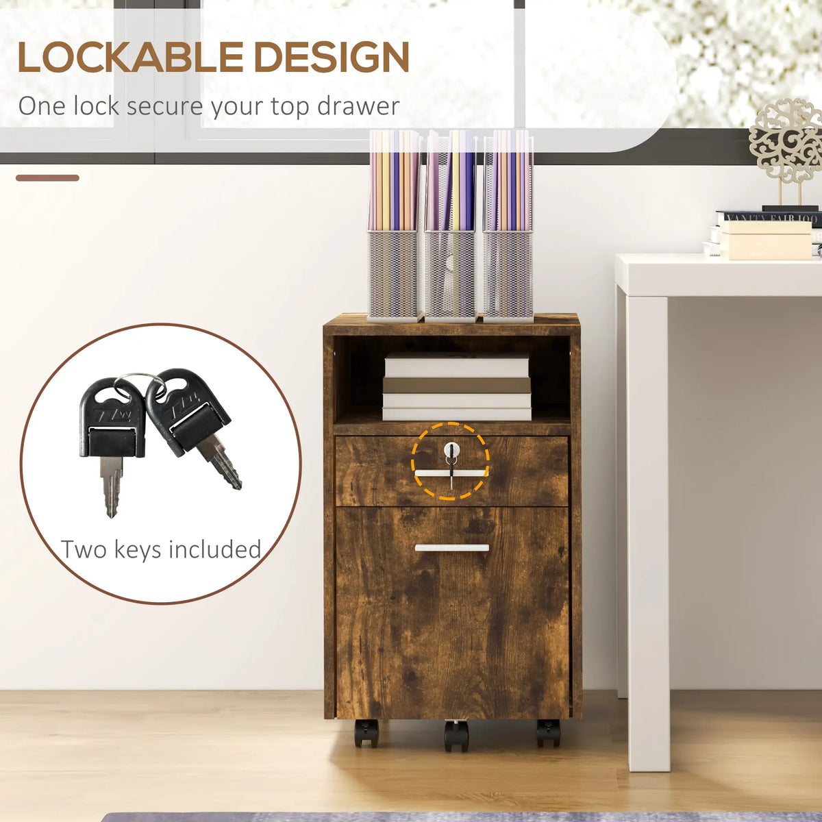 Small 2-Drawer Filing Cabinet, Lockable, on Wheels, Rustic Brown Office Cabinets & Cupboards at Gallery Canada