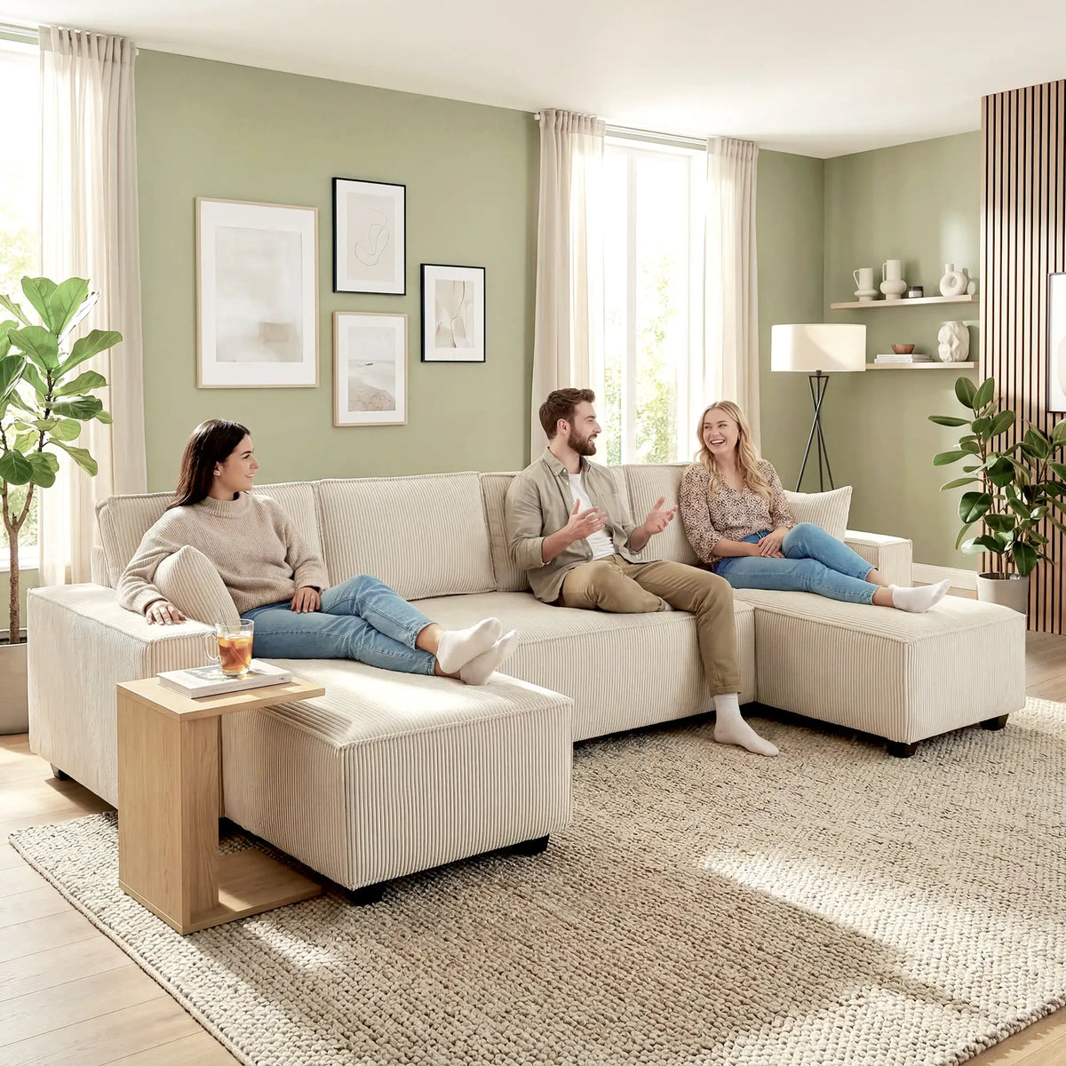 Modular U Shaped Sectional Sofa, Double Chaises, Spring Cushions, Beige