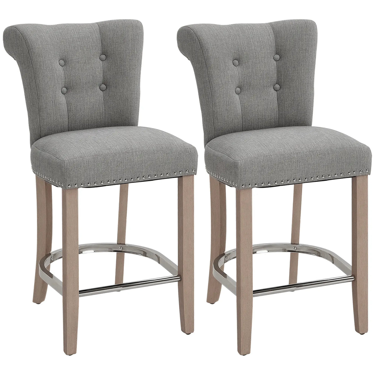 Upholstered Counter Height Bar Stools, Set of 2, Wood Legs, Grey