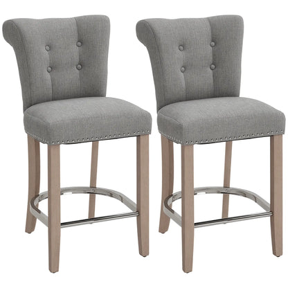 Upholstered Counter Height Bar Stools, Set of 2, Wood Legs, Grey