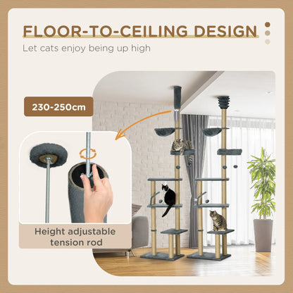 90.5" - 98.5" Cat Tree Tower, Scratching Post, Platforms, Bed, Hammock, Grey Floor to Ceiling Cat Trees at Gallery Canada