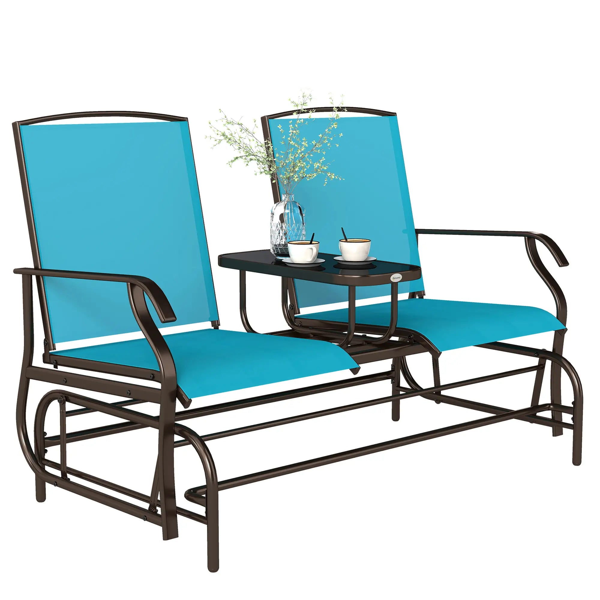 2 Person Outdoor Glider Rocking Chair, Garden Bench, Blue Outdoor Gliders Brown Frame, Blue Fabric at Gallery Canada