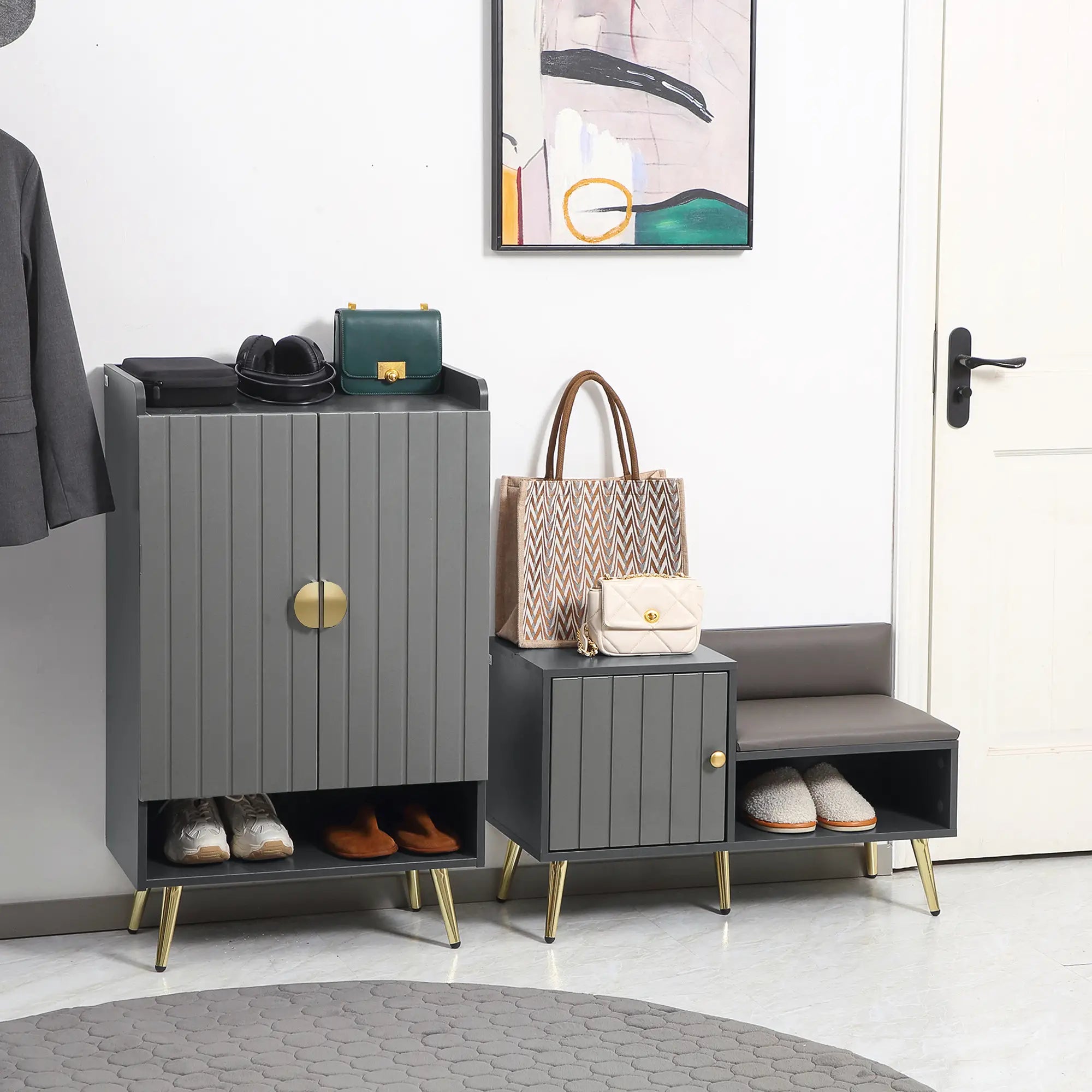 Narrow Shoe Storage Cabinet, Adjustable Shelves, Open Shelf, 15 Pairs, Grey Shoe Storage Cabinets & Racks at Gallery Canada