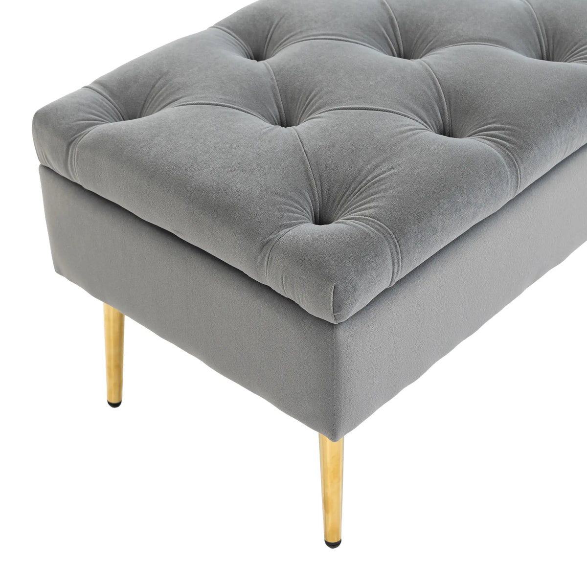 Upholstered Bedroom Bench with Gold Tone Metal Legs, Velvet Tufted and Thick Padding, Grey Storage Ottomans & Benches at Gallery Canada