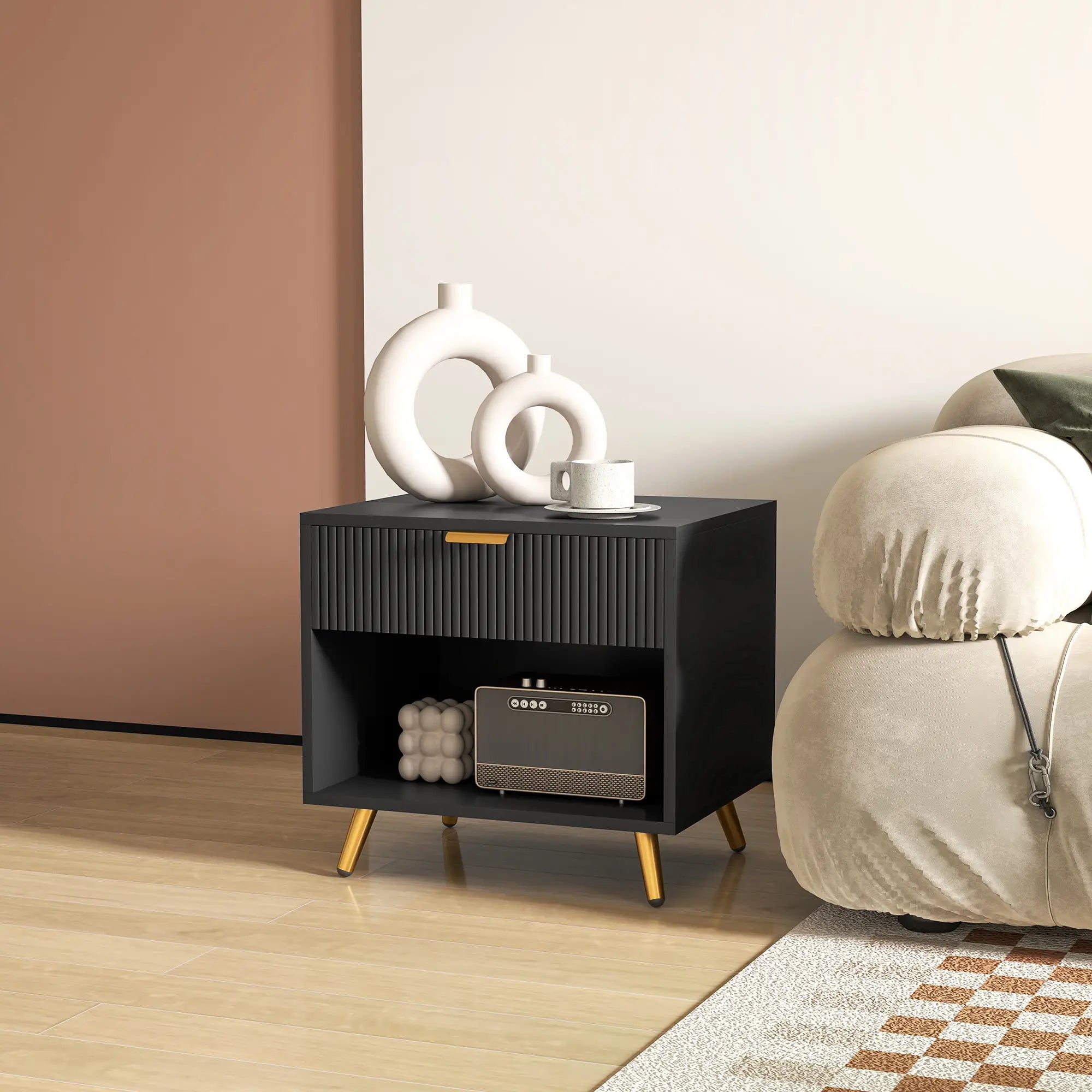 Modern Nightstand with Drawer, Open Compartment, Black Bedside Tables at Gallery Canada