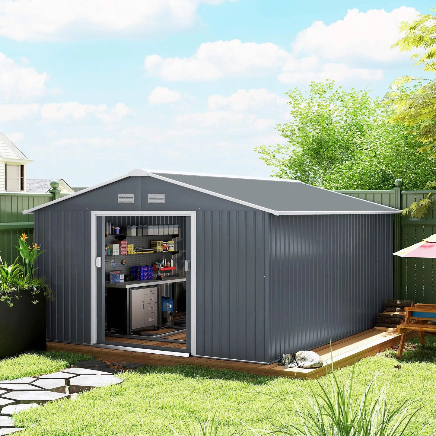 11.2ft x 12.5ft Garden Storage Shed, 4 Vent Slots, Double Sliding Door, Grey Sheds at Gallery Canada