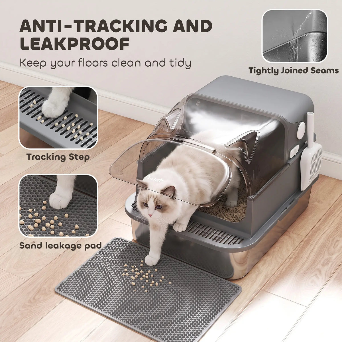 XXL Stainless Steel Cat Litter Box, Flip Lid, Mat, Scoop Cat Litter Box Enclosures at Gallery Canada