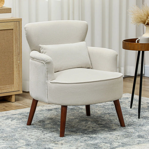 Modern Accent Chair, Upholstered Armchair with Wood Legs, Cream White