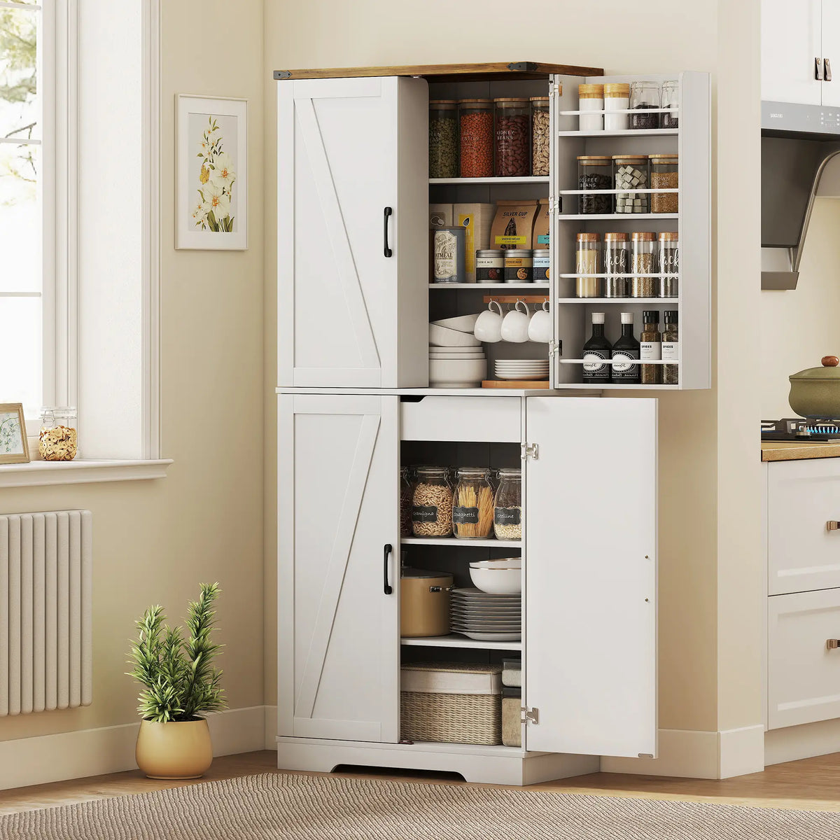 72 Inch Kitchen Pantry Cabinet, Farmhouse Storage with 4 Doors, Drawer, White Kitchen Pantry Cabinets at Gallery Canada