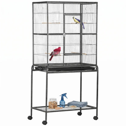 30'' Large Rolling Metal Bird Cage, Detachable Stand, Storage Shelf, Black Bird Cages Black, Gray at Gallery Canada