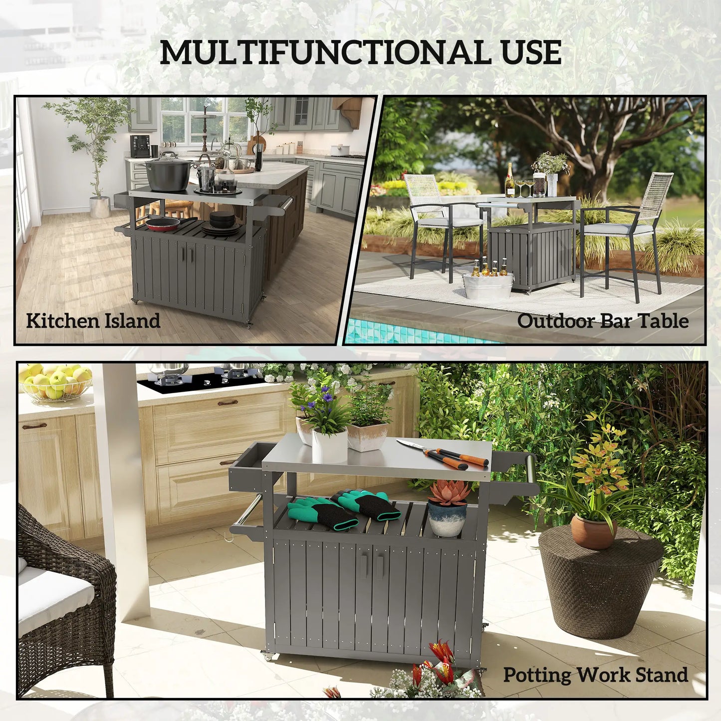 Outdoor Bar Cart With Storage Cabinet, Stainless Steel Table Top, Wheeled HDPE Kitchen Island Outdoor Grill Carts at Gallery Canada