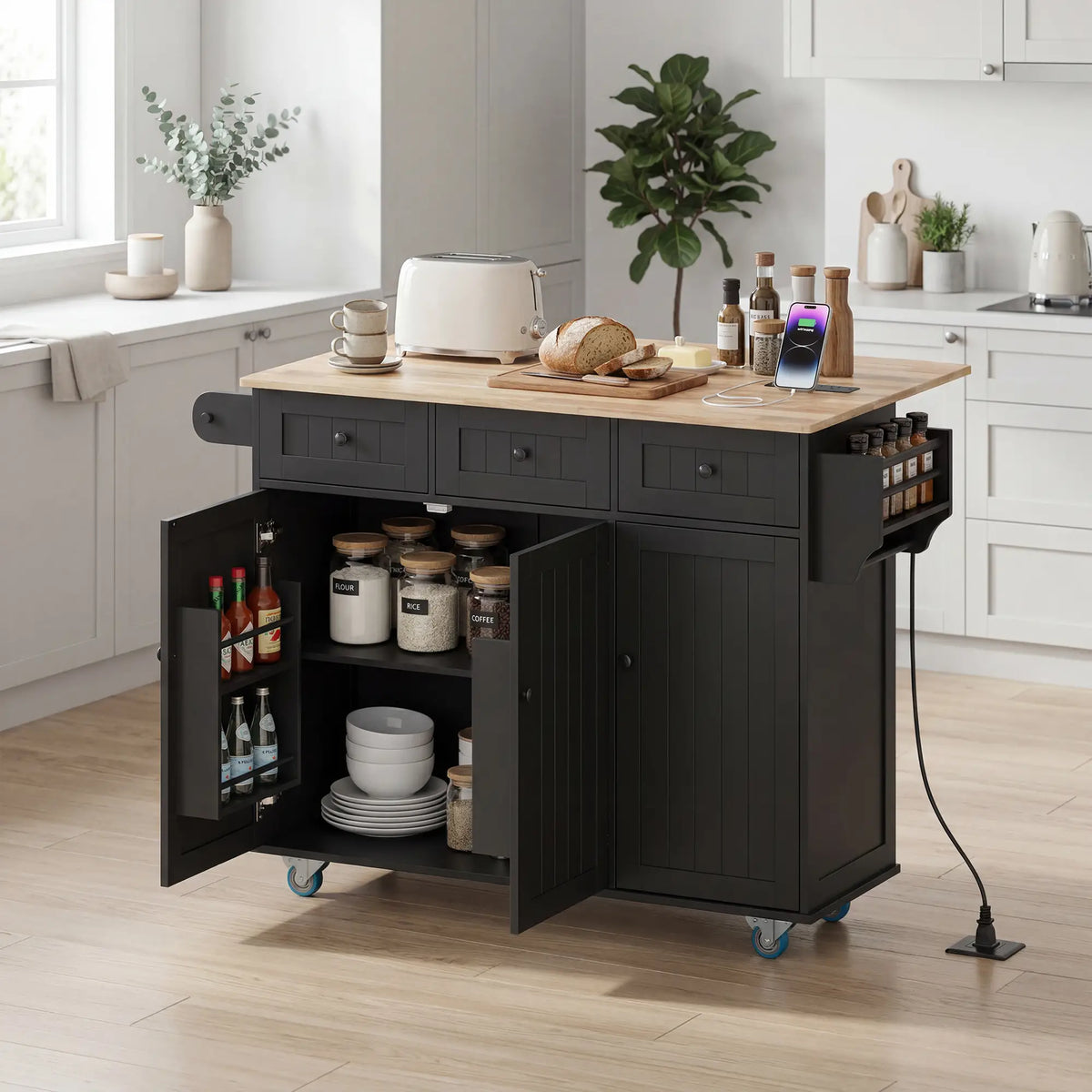 Kitchen Island On Wheels With Drop Leaf, Charging Station, Black Kitchen Islands & Kitchen Carts at Gallery Canada