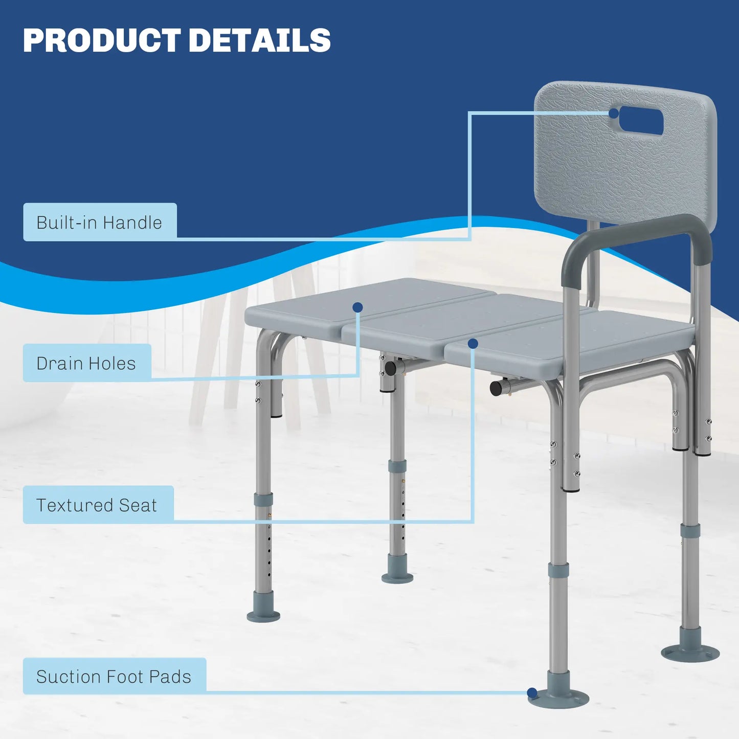 6-Level Adjustable Bath Shower Bench, Aluminum, Non-Slip Feet, Grey Bath Chairs at Gallery Canada