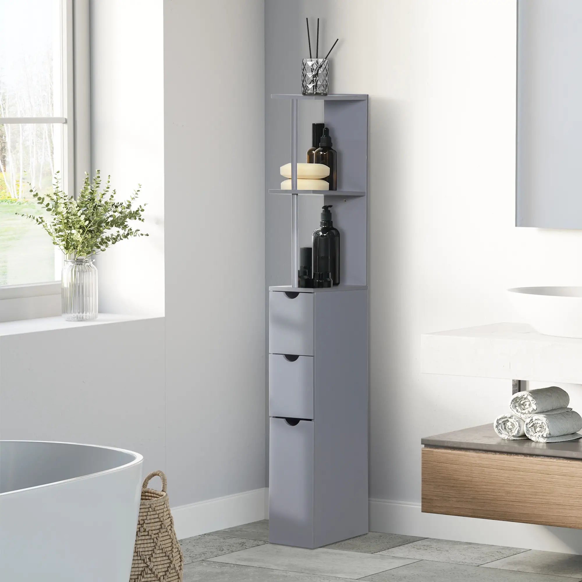 Tall Narrow Bathroom Storage Cabinet with Drawers, Open Shelves, Grey Bathroom Cabinets at Gallery Canada