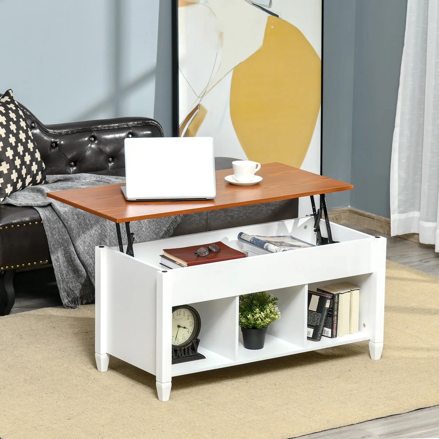 Lift Top Coffee Table, Hidden Storage, 3 Shelves, White and Brown Coffee Tables at Gallery Canada
