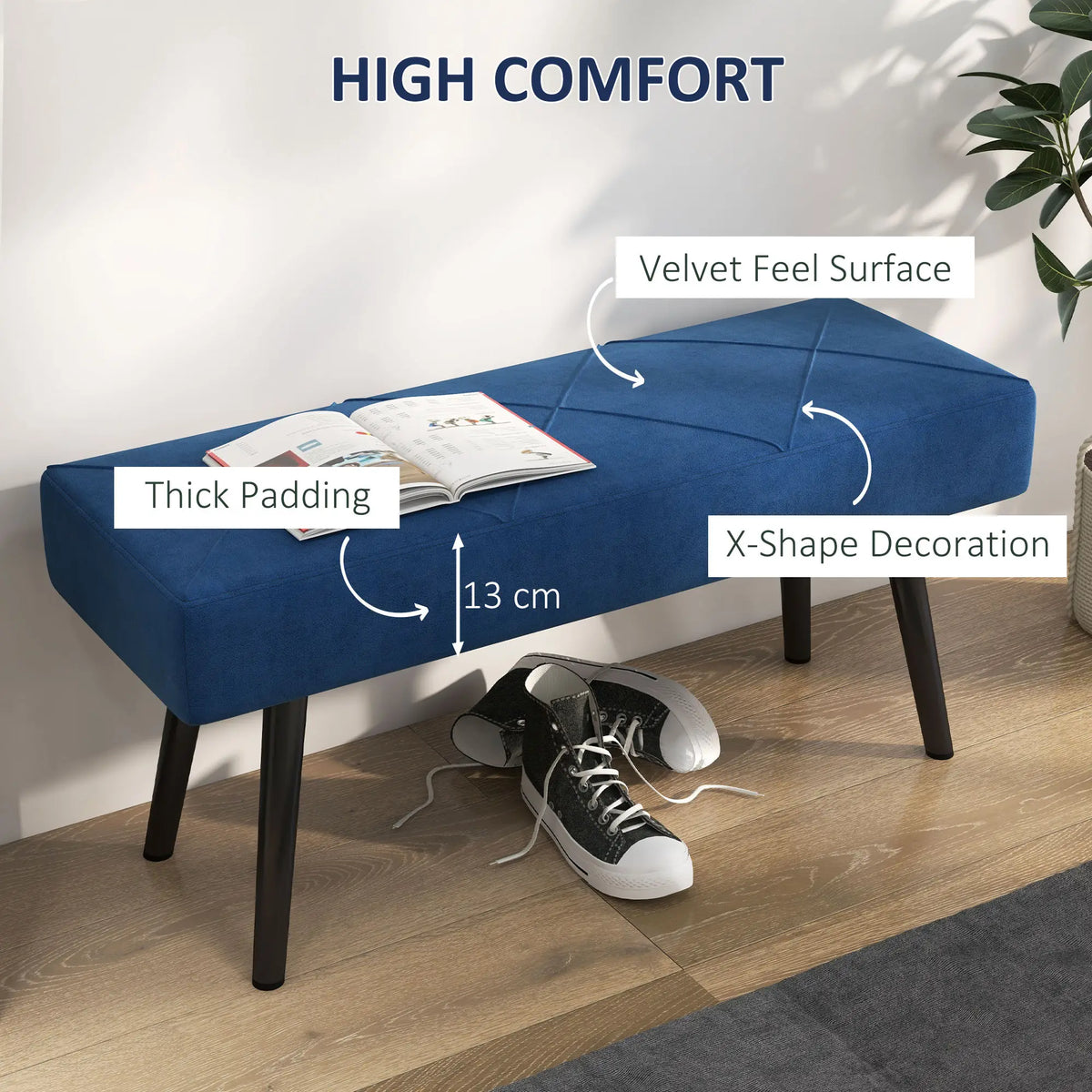 39 Inches Upholstered Bed Bench, Modern Steel Legs, Dark Blue Storage Ottomans & Benches at Gallery Canada