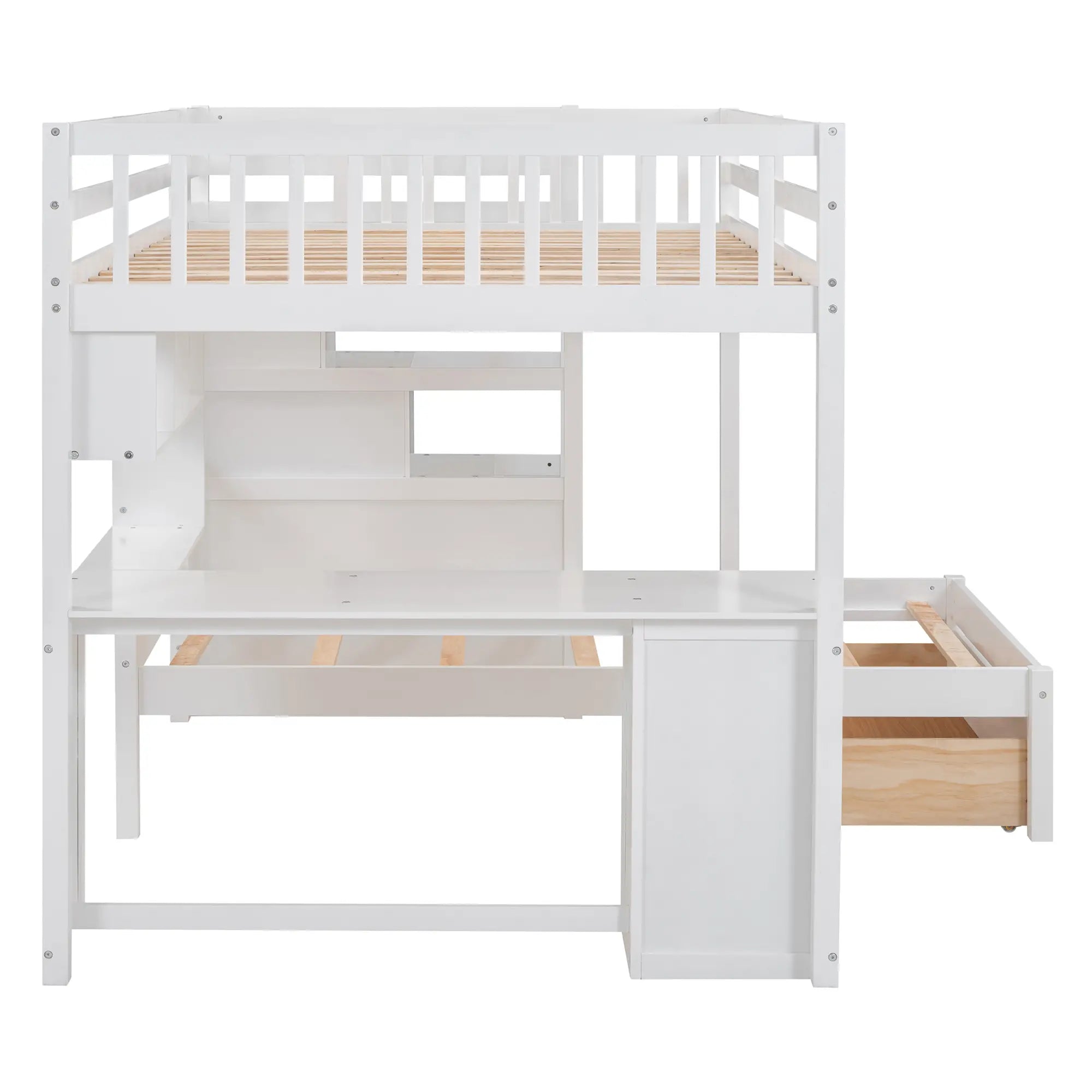Over Twin Bunk Bed with Desk, Drawers, Shelves, 98