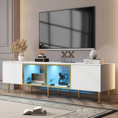 TV Stand, 4 Doors, Handles, Tempered Glass, LED Light, 67" L x 14.5" W x 18.5" H, White+Gold TV Stands at Gallery Canada