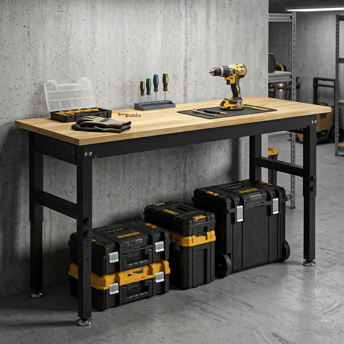 48" Adjustable Workbench, Heavy Duty Work Table with Rubber Wood Top, Power Outlets, Pegboard, 2000 LBS Capacity Tool Organizers at Gallery Canada