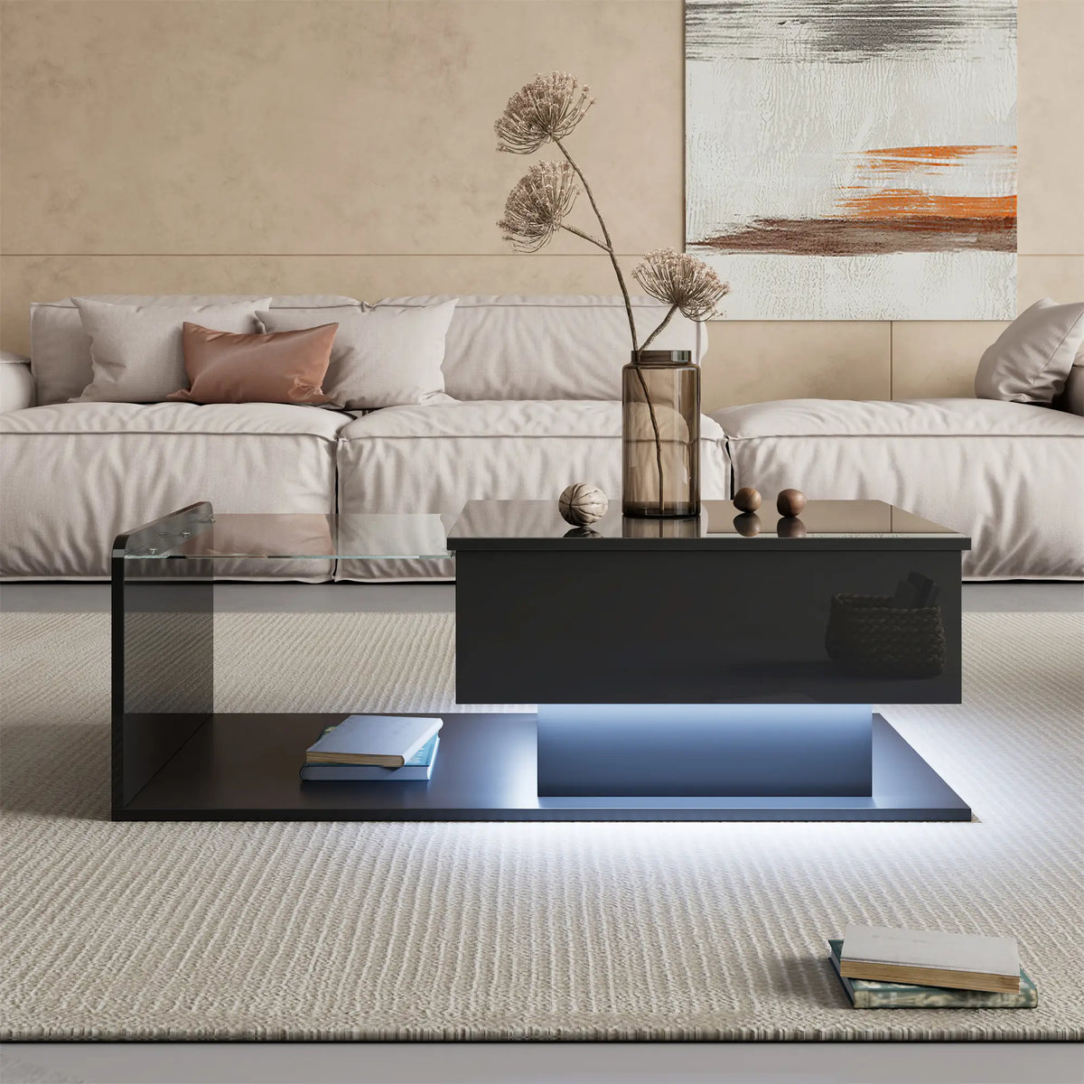 Coffee Table, Tempered Glass Top, LED Light, Adjustable Height, 39.5" L x 19.5" W x 13" H, Black Coffee Tables at Gallery Canada