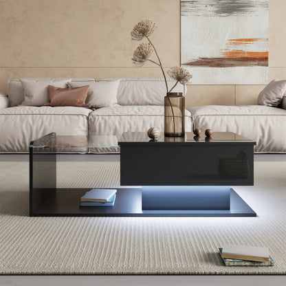 Coffee Table, Tempered Glass Top, LED Light, Adjustable Height, 39.5" L x 19.5" W x 13" H, Black Coffee Tables at Gallery Canada