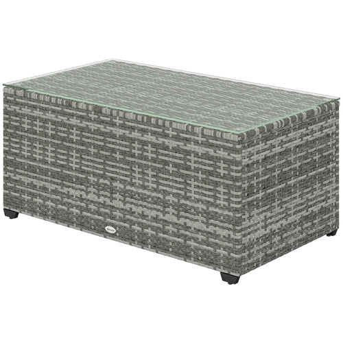 PE Wicker Outdoor Coffee Table, Rectangular Patio Table With Tempered Glass Top, Light Grey