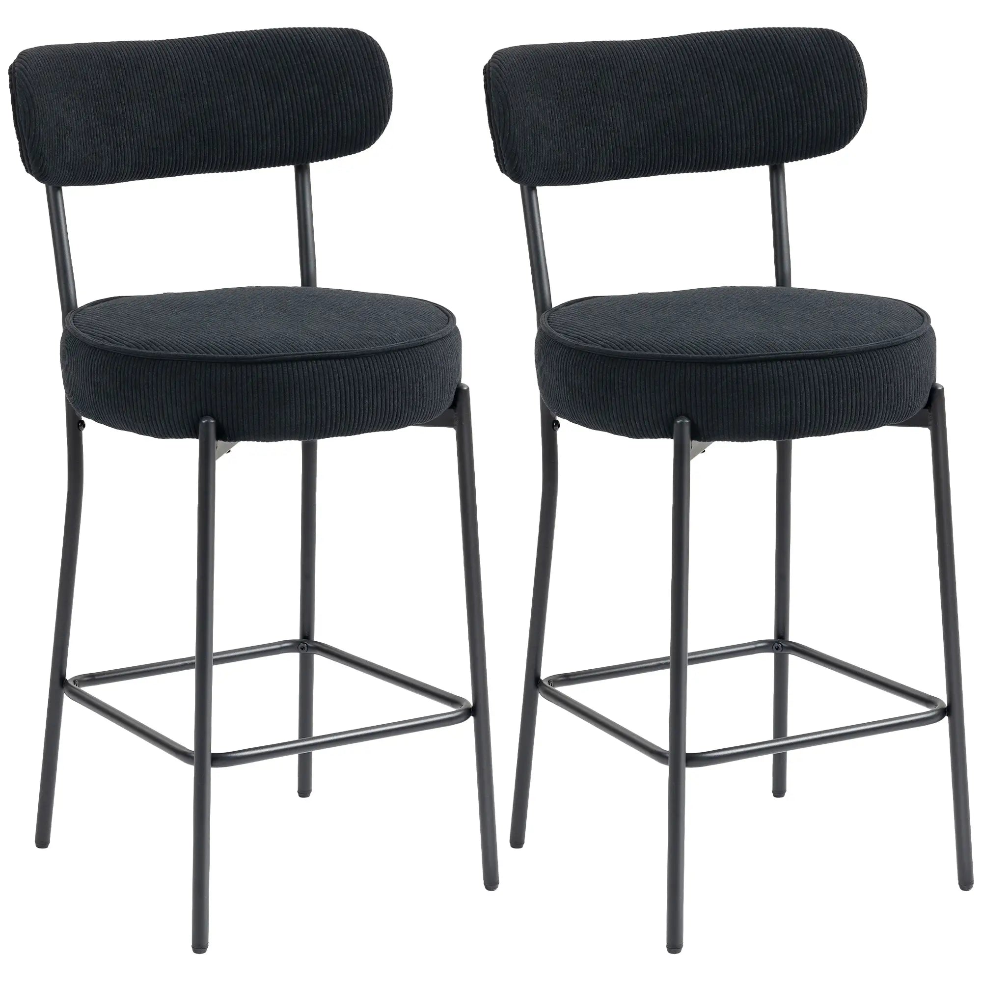 Set of 2 Barstools, Upholstered Corduroy, Backrest, Footrest, Black Bar Stools Black at Gallery Canada