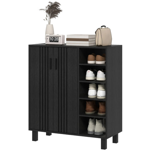 Double Door Shoe Storage, Open Shelves, 17 Pair Organizer, Black