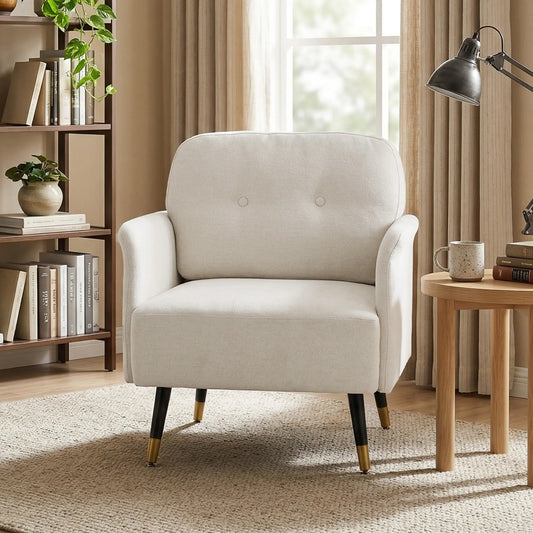 Modern Tufted Accent Chair, Metal Legs, Upholstered Reading Armchair, Cream White Accent Chairs Cream White, Black at Gallery Canada