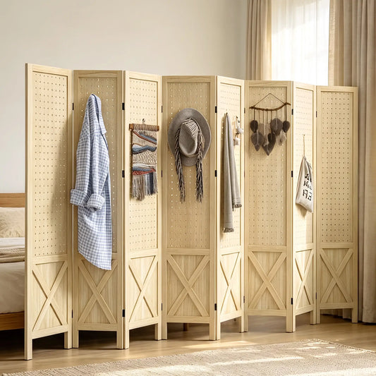 Wooden Room Divider With Pegboard Display, 8 Panel Folding Privacy Screen, Natural Wood Room Dividers Natural at Gallery Canada