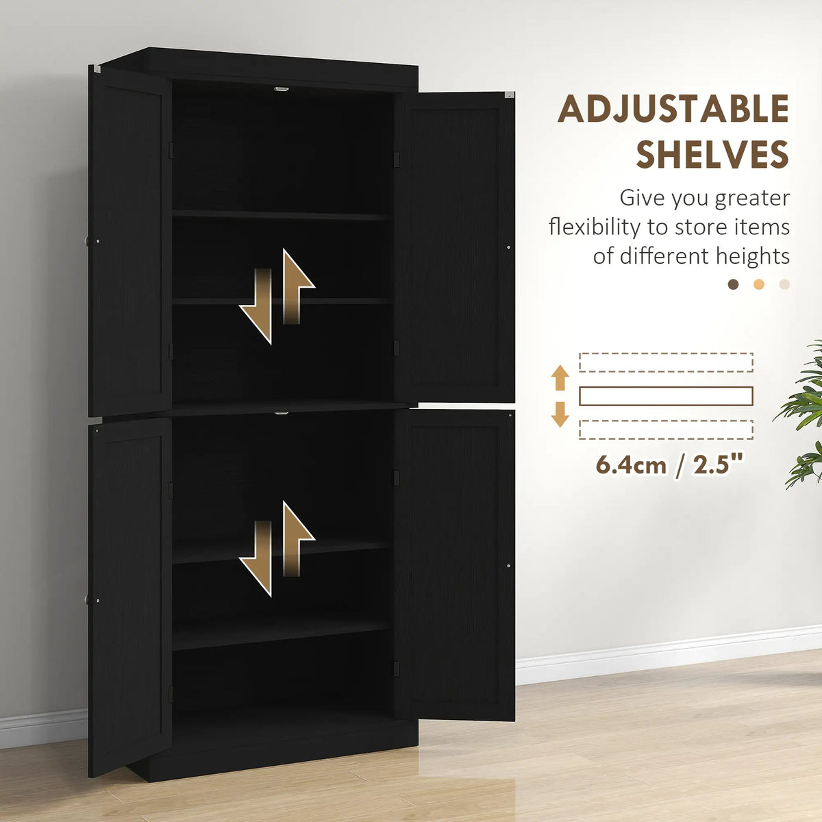 72.5" Freestanding Kitchen Pantry, 4 Doors, Black Kitchen Pantry Cabinets at Gallery Canada