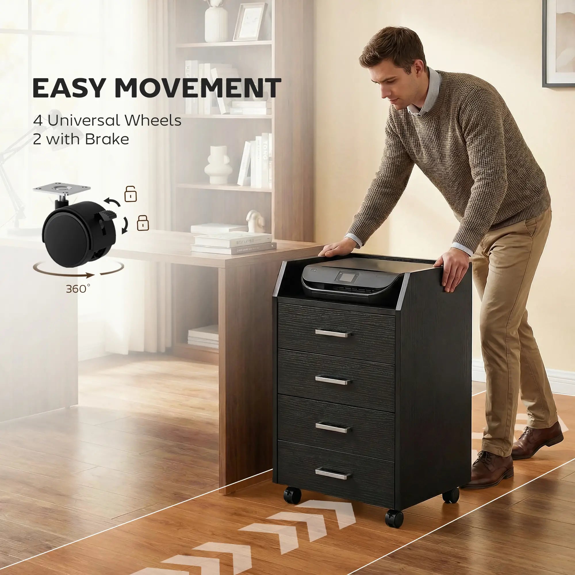 4-Drawer Vertical Mobile Filing Cabinet, Lockable Wheels, Black Wood Grain Office Cabinets & Cupboards at Gallery Canada
