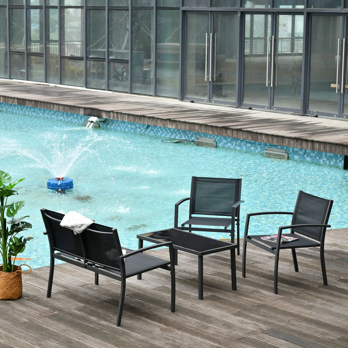 4-Piece Patio Set, Glass Top Coffee Table, Breathable Mesh, Black Patio Furniture Sets at Gallery Canada
