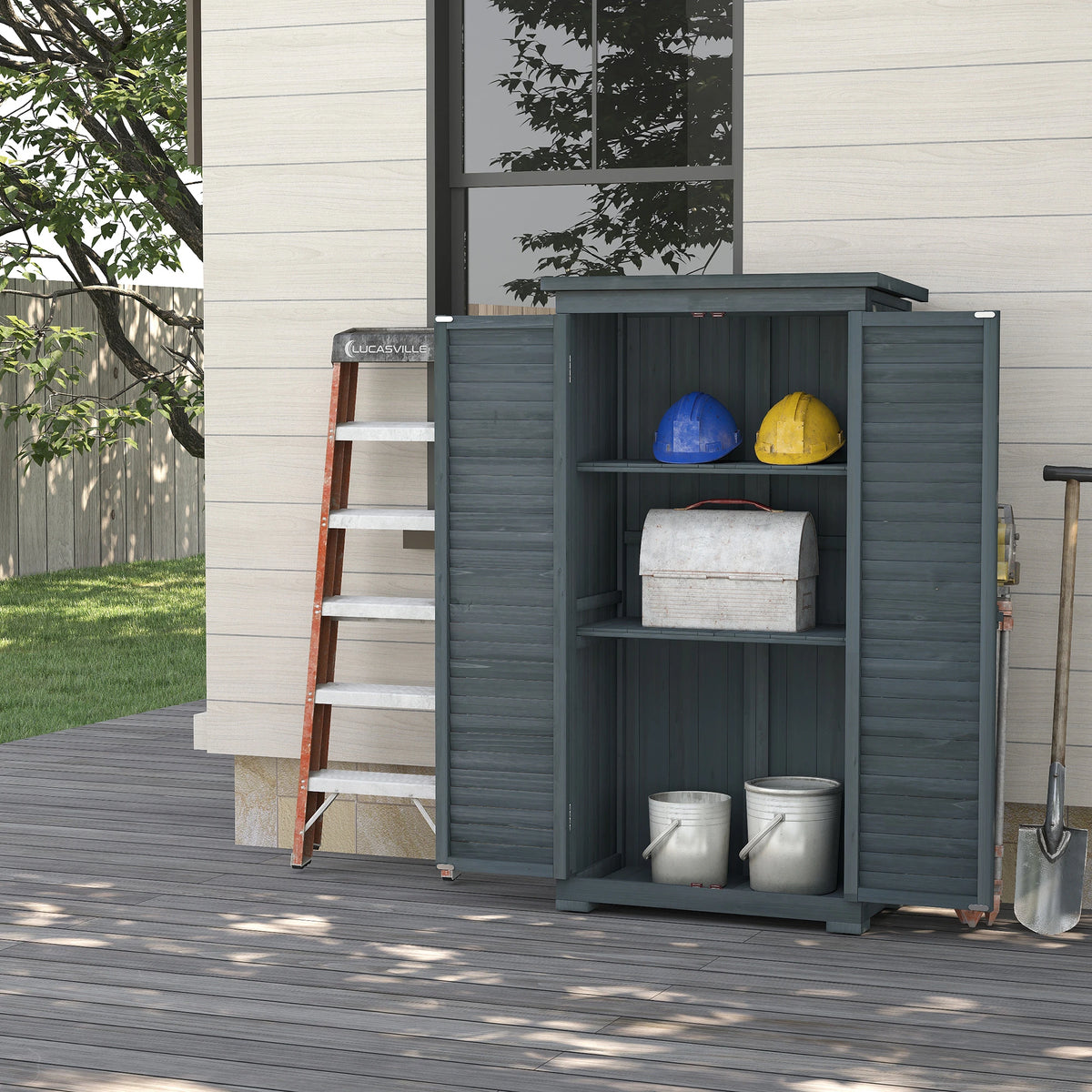 Outdoor Garden Shed, Wooden Tool Storage, 3-Tier Shelves, 34.3" x 18.3" x 63", Grey Sheds at Gallery Canada