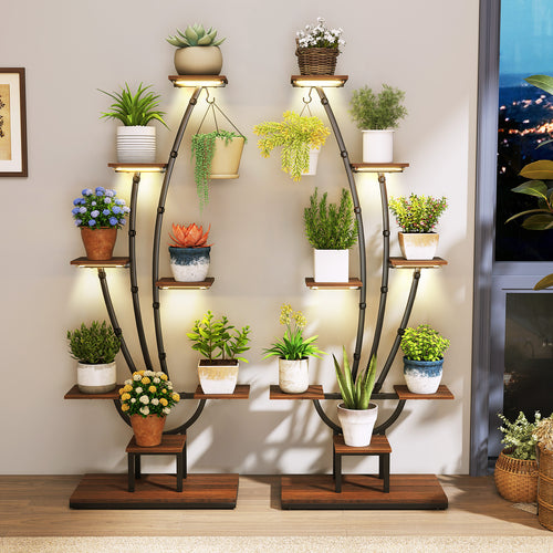 8-Tier Metal Plant Stand With Grow Lights, Set Of 2, Brown