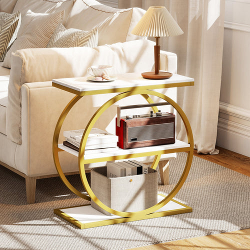 Faux Marble Side Table with Metal Frame, White