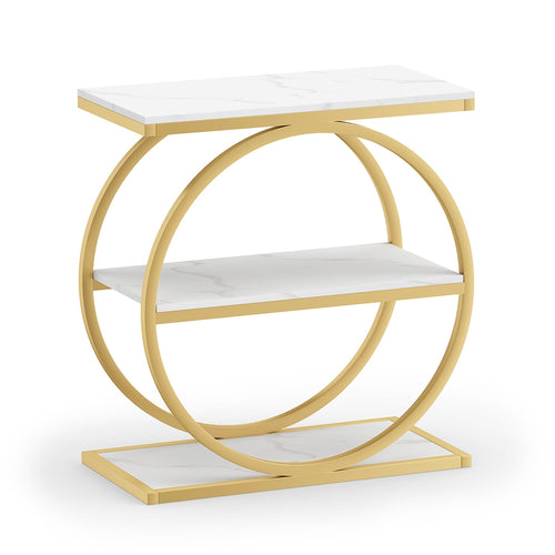 Faux Marble Side Table with Metal Frame, White