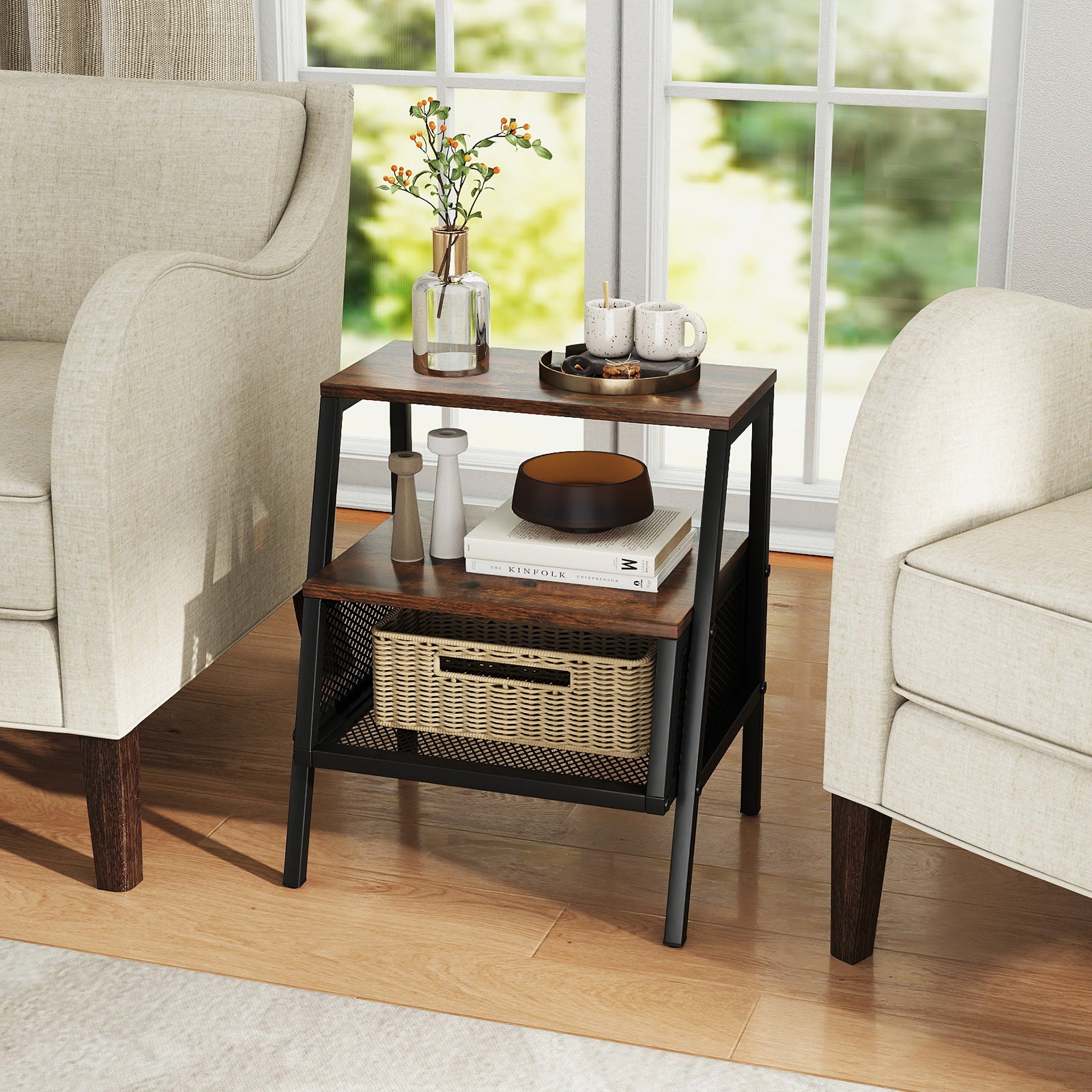 Industrial 3-Tier Nightstand, 2 Open Shelves, Metal Mesh, Rustic, Brown Nightstands at Gallery Canada