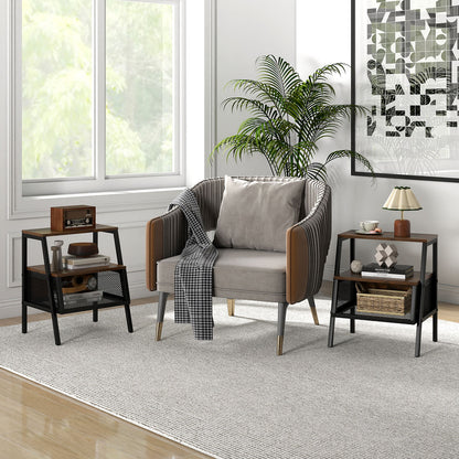 Industrial Nightstand 3-Tier End Table Set of 2 with 2 Open Shelves and Metal Mesh Compartment, Rustic Brown Nightstands at Gallery Canada