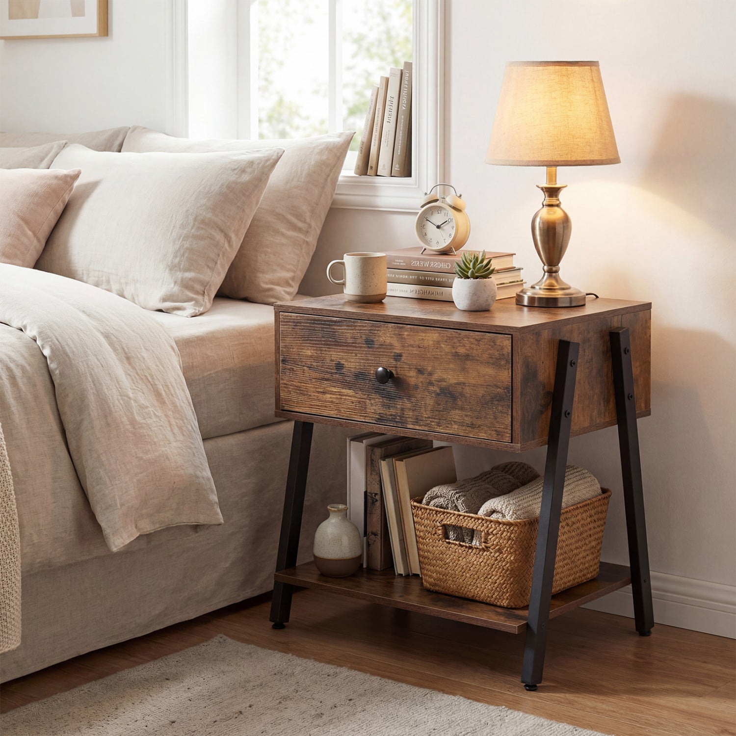Industrial Nightstand, Drawer, Adjustable Foot Pads, Rustic Brown Nightstands at Gallery Canada