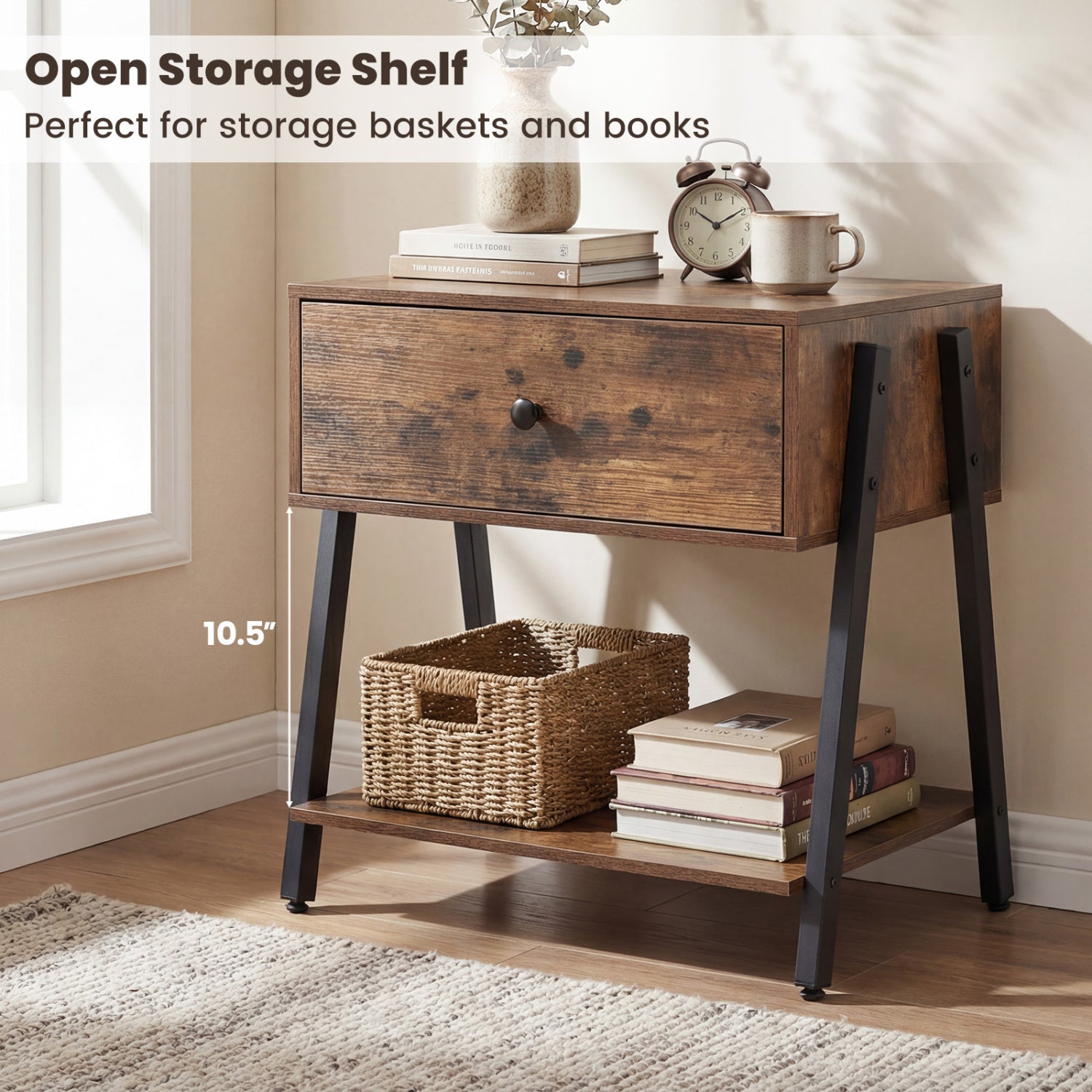 Industrial Nightstand, Drawer, Adjustable Foot Pads, Rustic Brown Nightstands at Gallery Canada