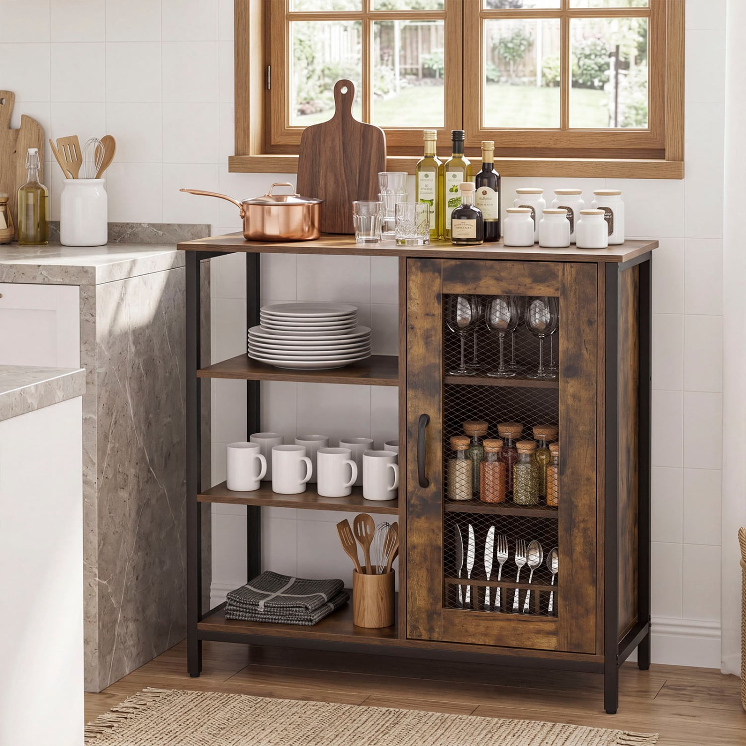 Industrial Side Cabinet, Metal Mesh Door, 3 Shelves, Rustic Brown End & Side Tables at Gallery Canada