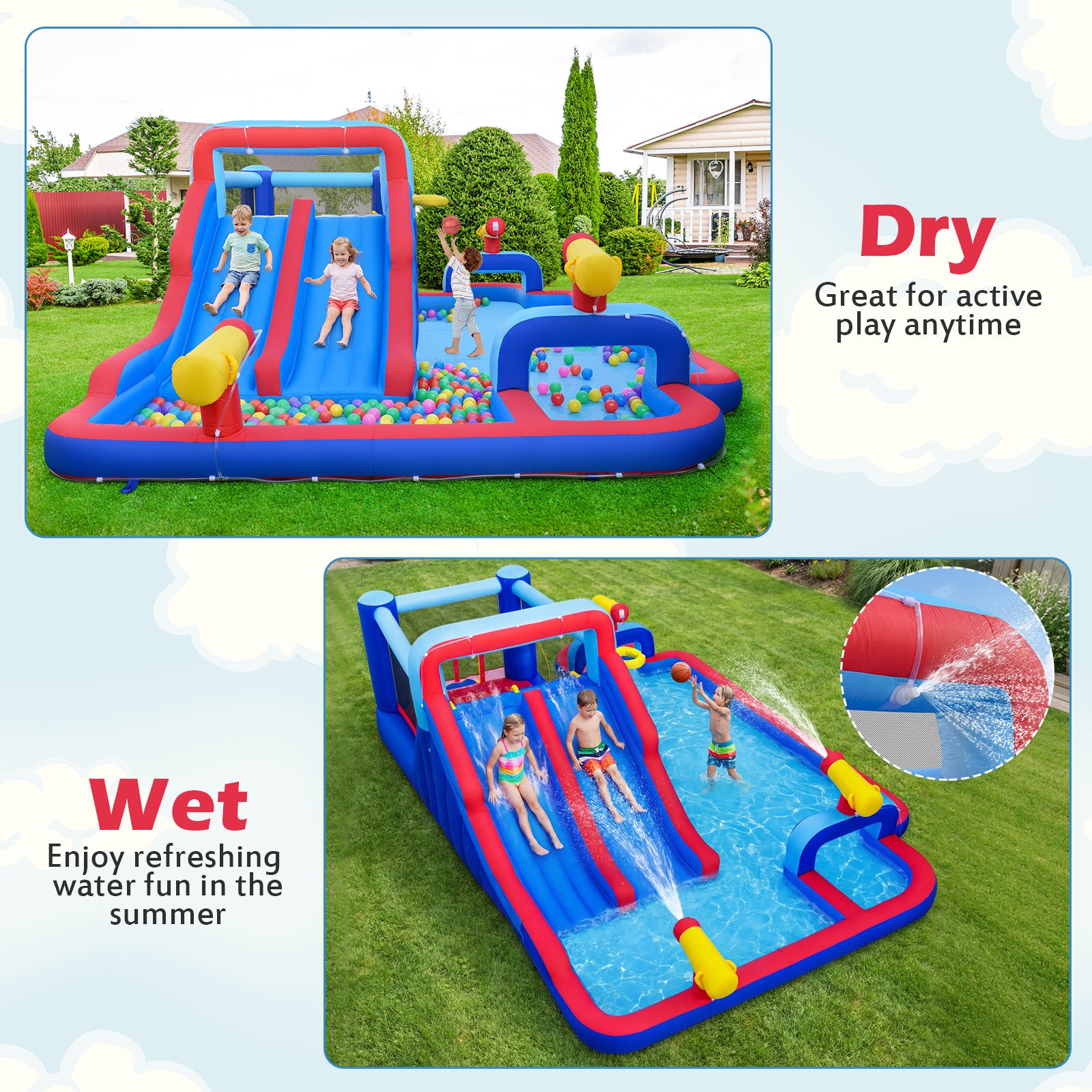 Inflatable Bounce House With 2 Water Slides, 3 Water Cannons, 680W Blower, Blue Bounce House at Gallery Canada