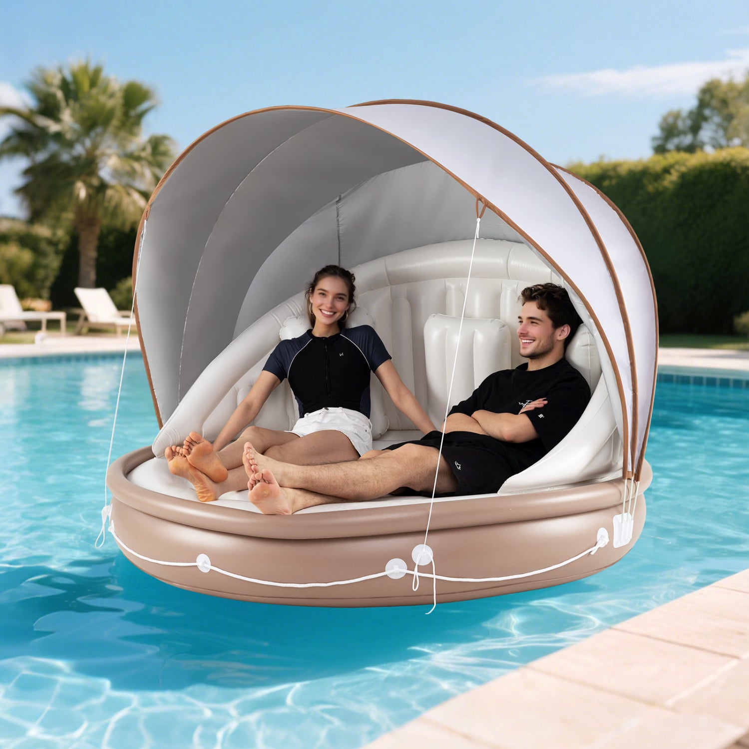 Inflatable Canopy Island Tanning Pool Lounger Float With Retractable Canopy, Tan Swimming at Gallery Canada