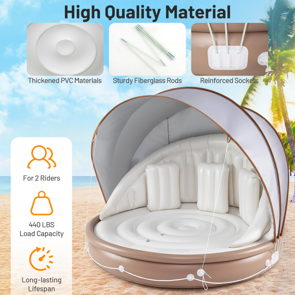 Inflatable Canopy Island Tanning Pool Lounger Float With Retractable Canopy, Tan Swimming at Gallery Canada