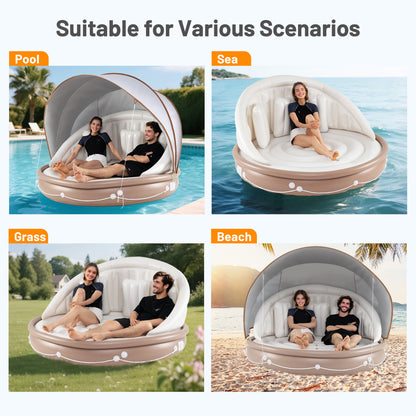 Inflatable Canopy Island Tanning Pool Lounger Float With Retractable Canopy, Tan Swimming at Gallery Canada
