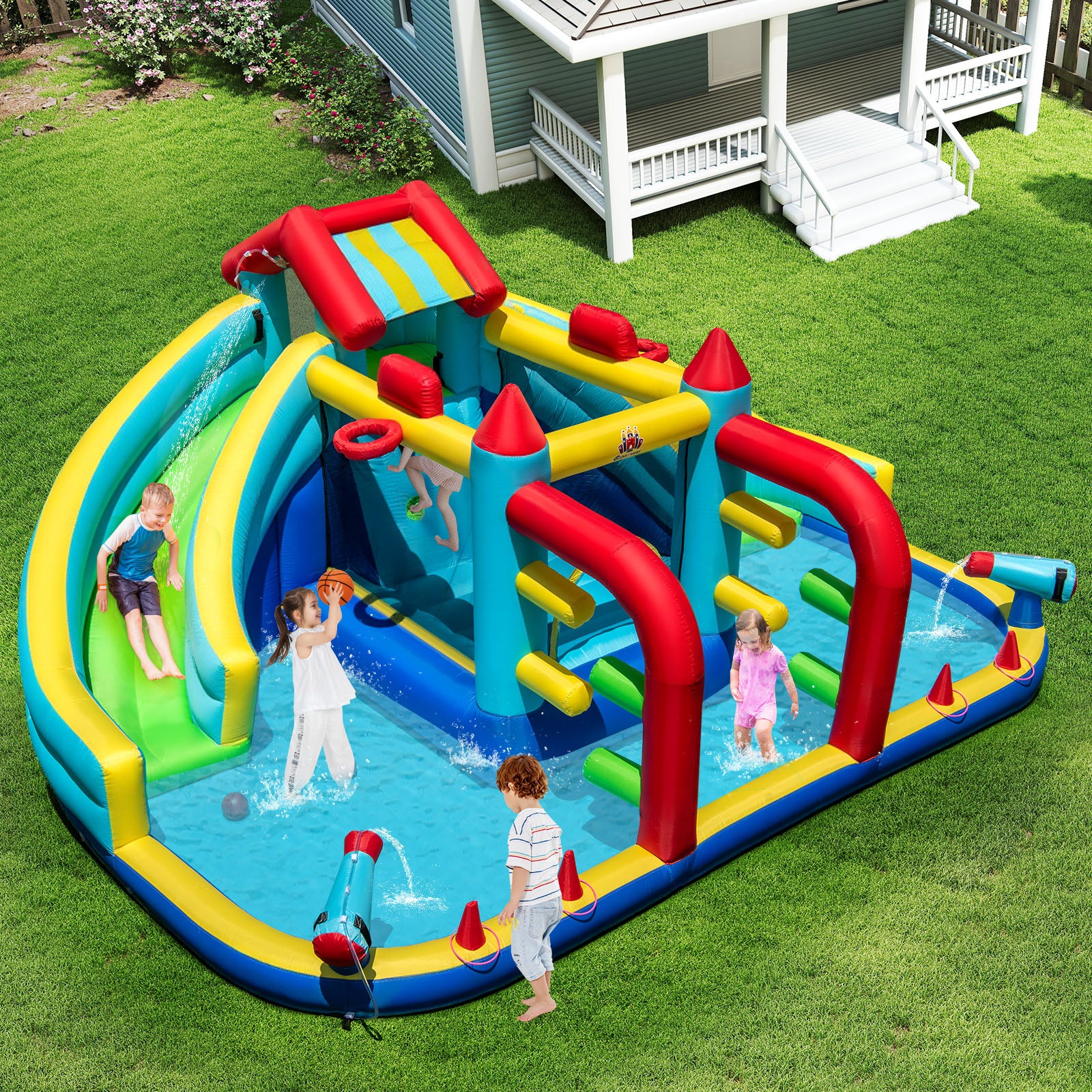 Inflatable Double Water Slide Park With Obstacle Course, 680W-750W Blower Inflatable Water Slides at Gallery Canada