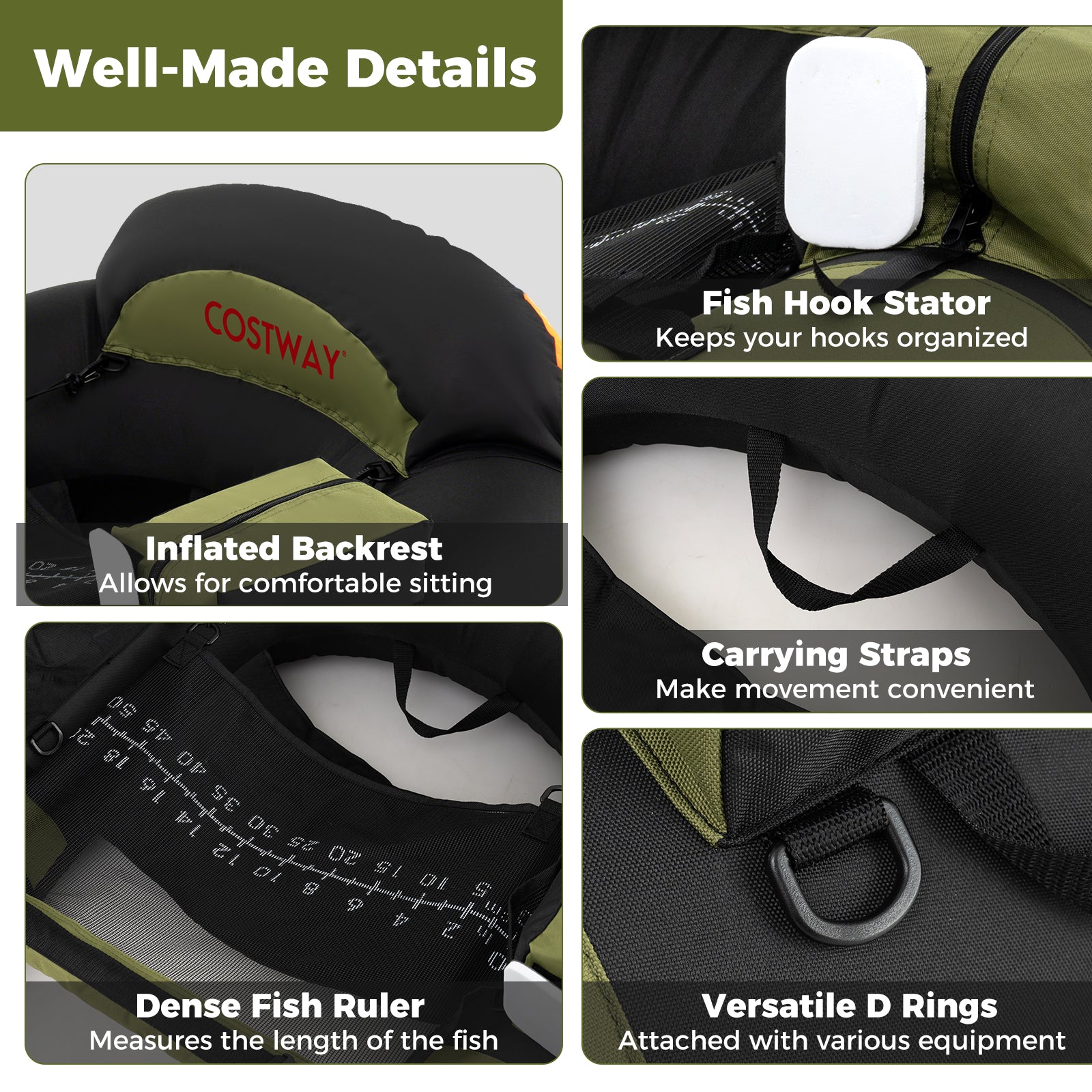 Inflatable Float Tube, Adjustable Fishing Rod Holder, Fish Hook Stator, Green Water Sports at Gallery Canada