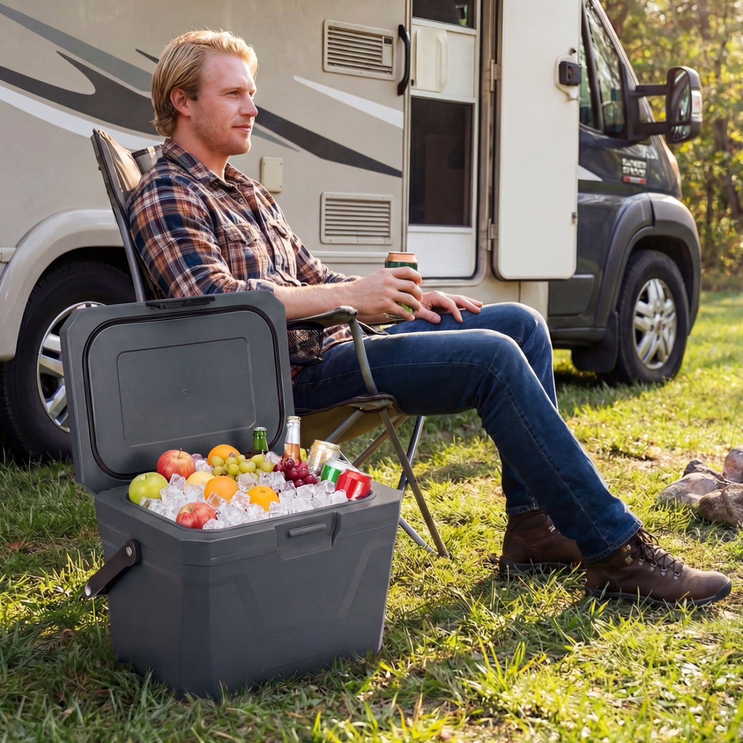 Insulated Portable Cooler, Hard Shell Ice Chest, 2 Cup Holders, Gray Coolers at Gallery Canada